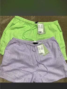 H&M Women linen Drawstring Shorts color Lime Green and Lavender.